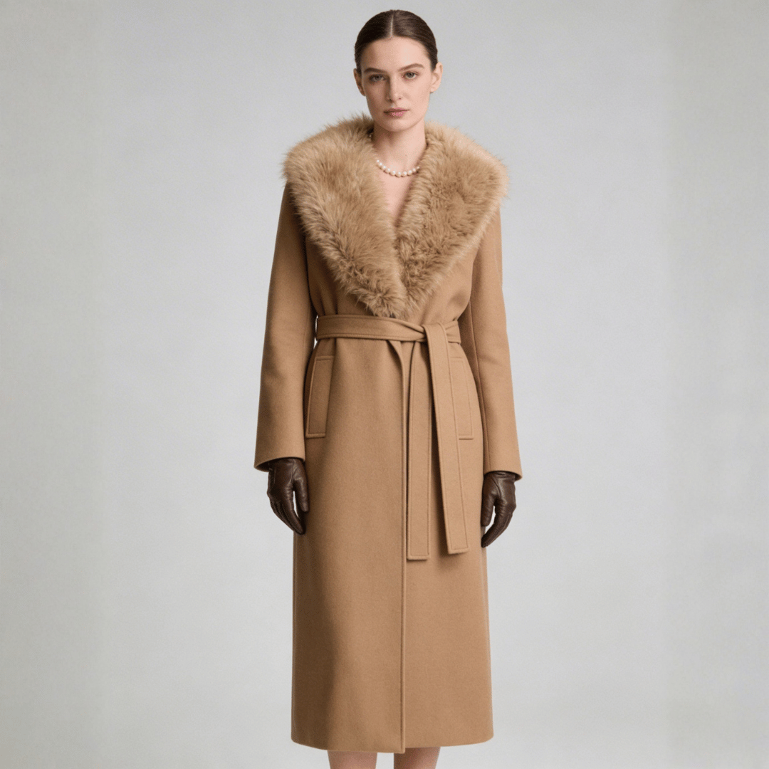 Women's Drummed Wool Overcoat with Fur Lapel