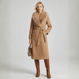 Women's Drummed Wool Overcoat with Fur Lapel