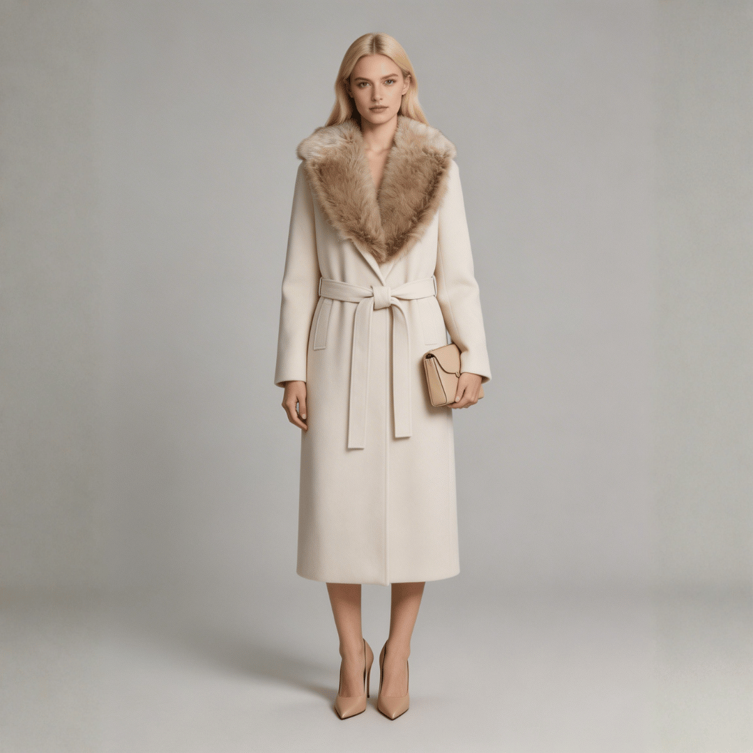 Women's Drummed Wool Overcoat with Fur Lapel
