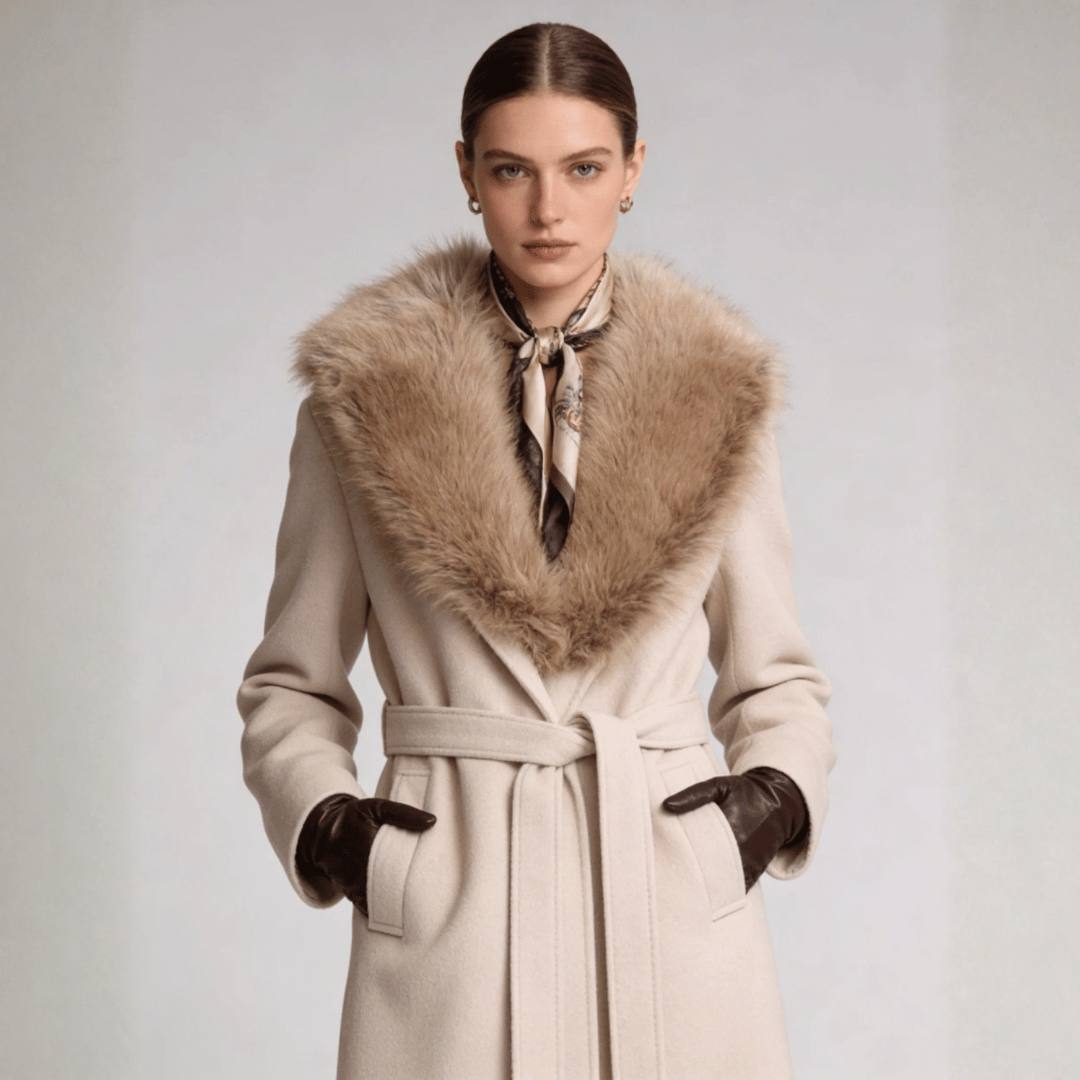 Women's Drummed Wool Overcoat with Fur Lapel