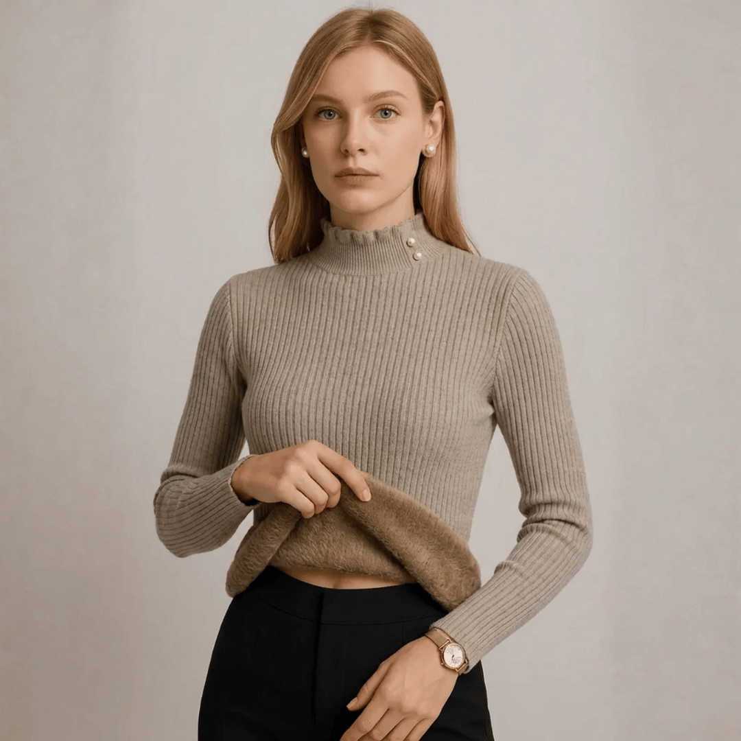 Women's Ribbed Cashmere Sweater with Pearl Buttons