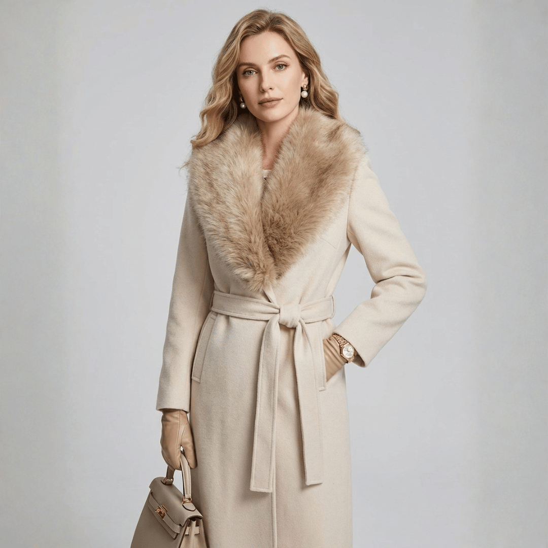 Women's Drummed Wool Overcoat with Fur Lapel
