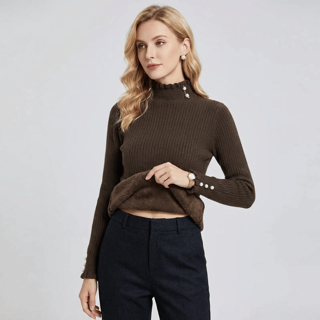 Women's Ribbed Cashmere Sweater with Pearl Buttons